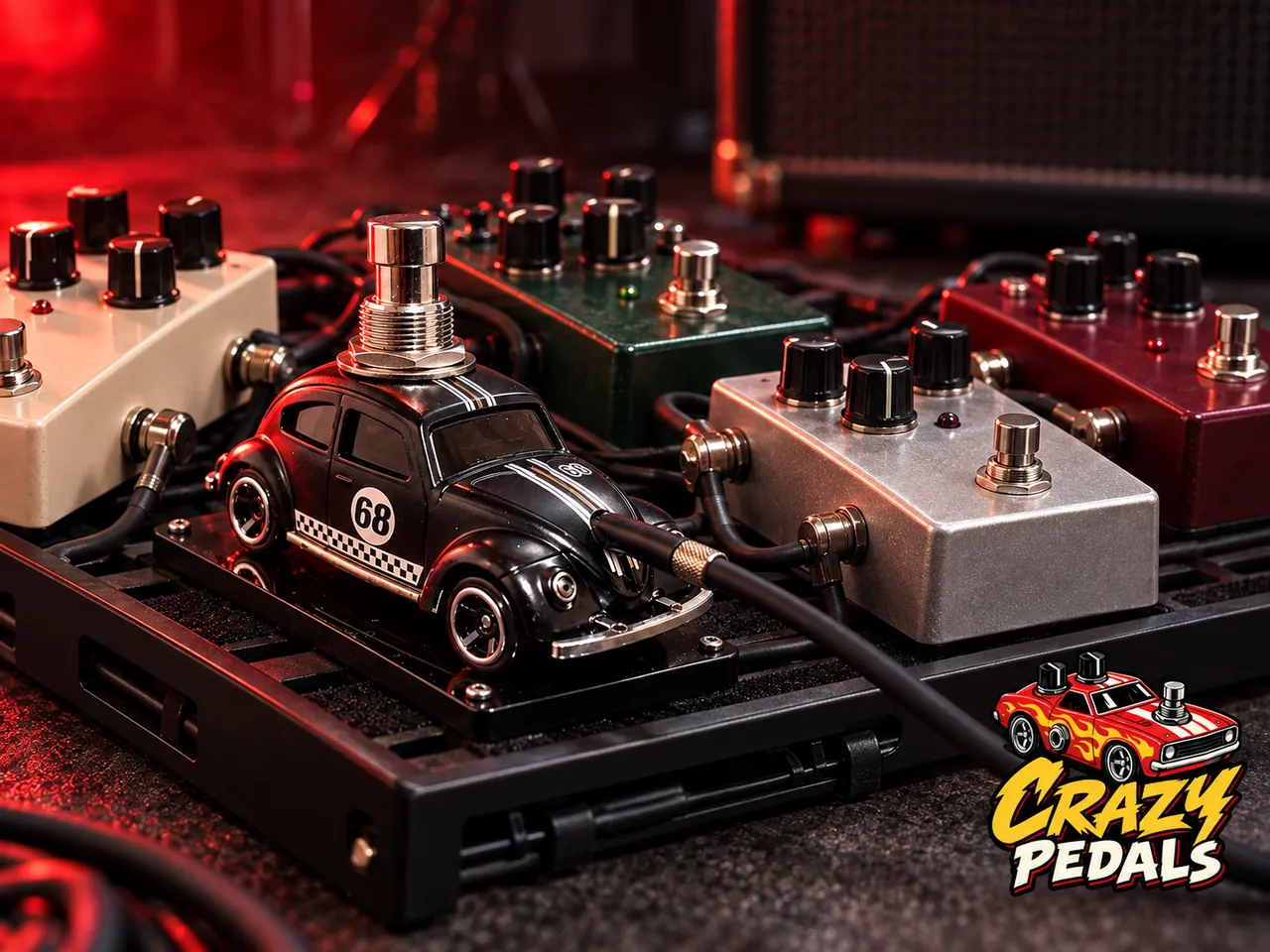 Pedal em forma de Fusca preto número 68 montado em um pedalboard, entre pedais de efeito